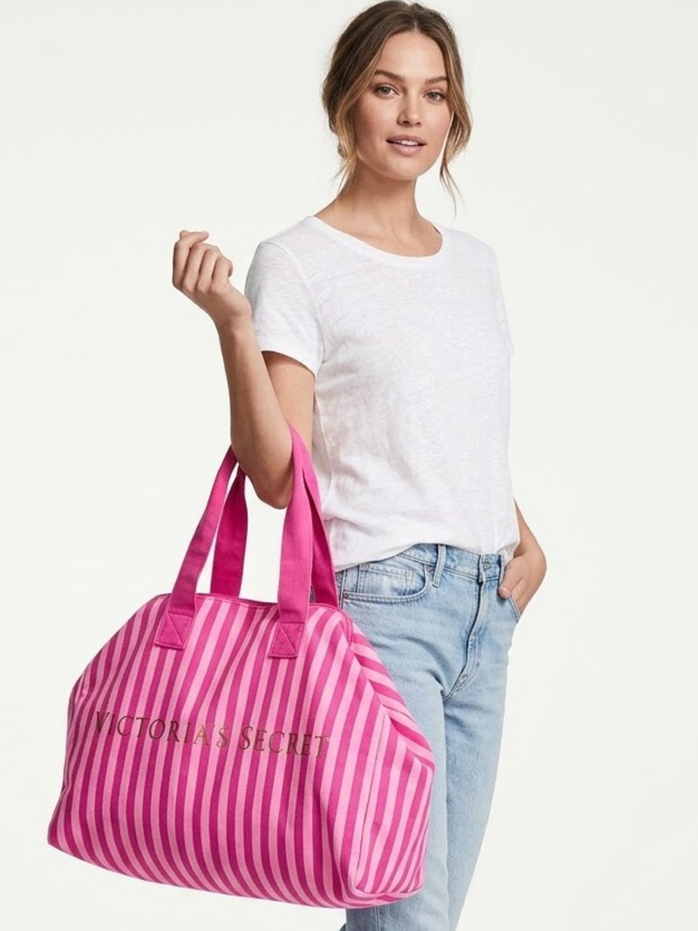Victoria's Secret Pink Striped Canvas Tote Weekender Duffle Bag